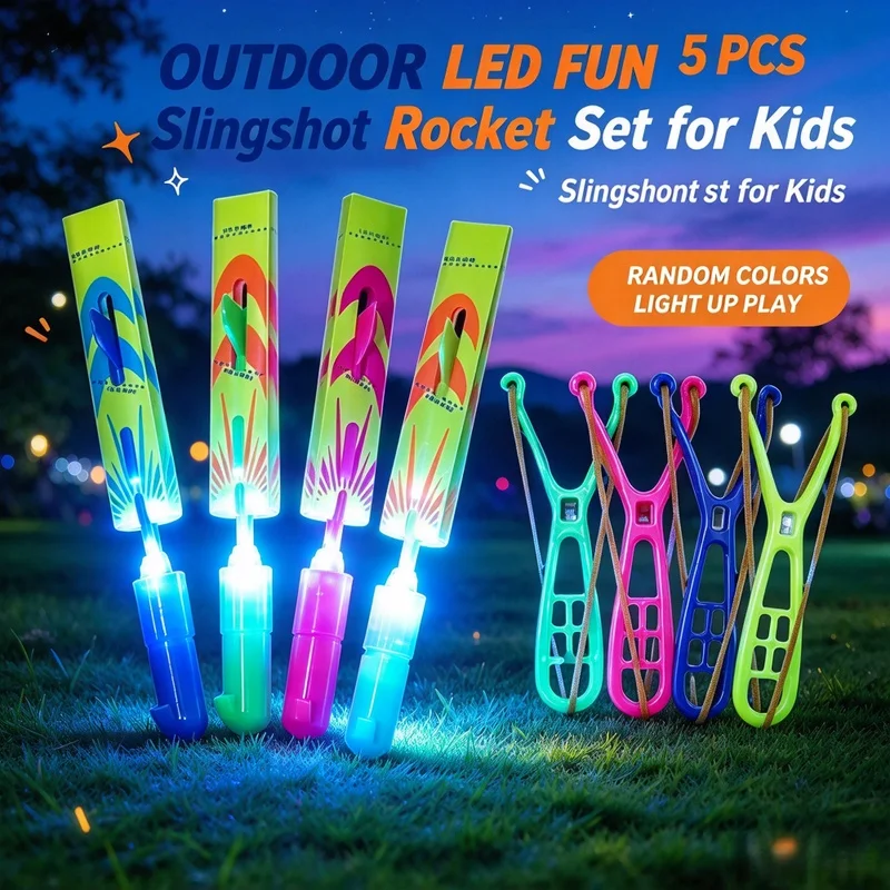 5PiecesLEDSlingshot flying helicopter with light-up arrows and rockets，Outdoor party favors: glow-in-the-dark helicopter toy