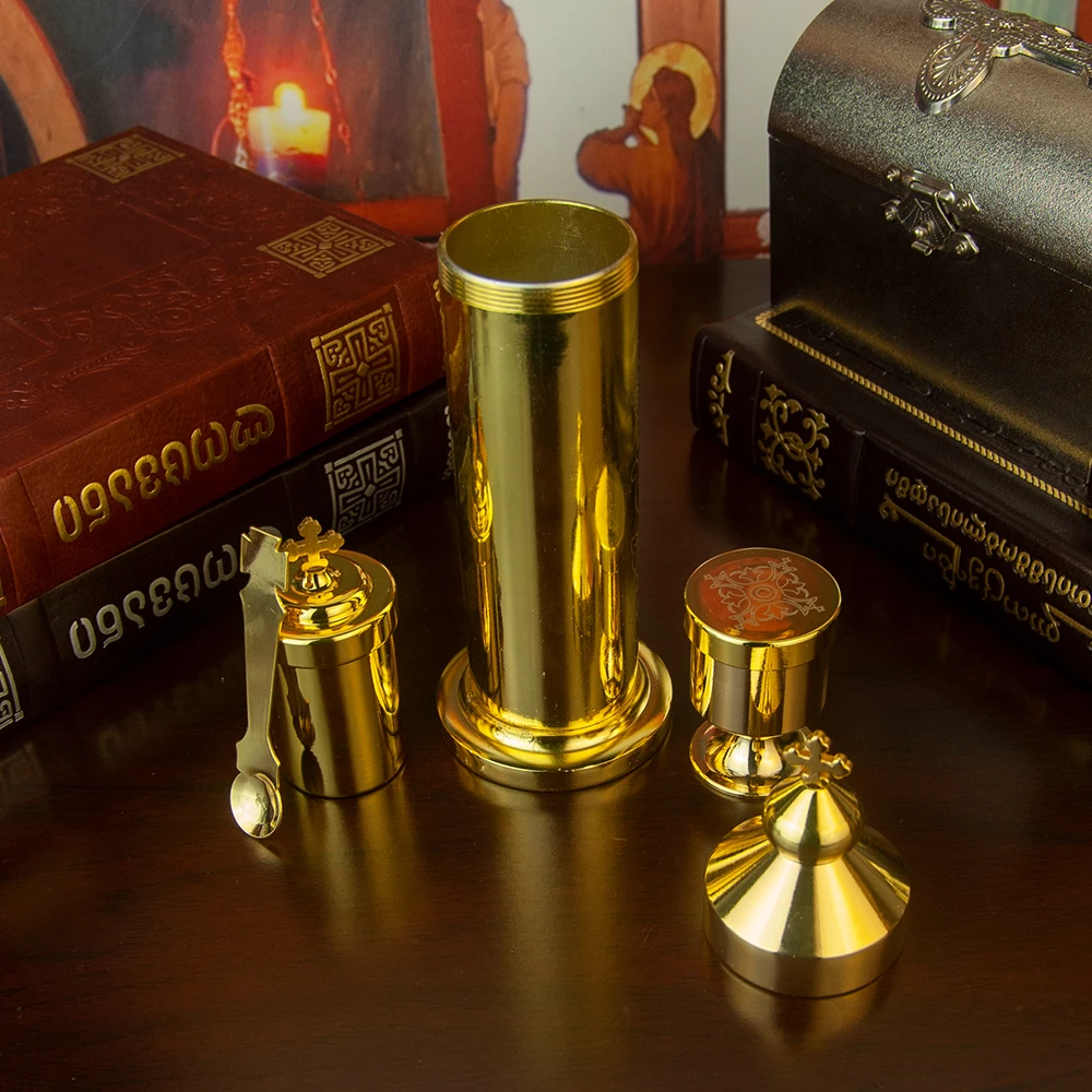 

Orthodox Christian Golden Metal Anointing Oil Set with Spoon & Vessel, Religious Ceremony Supplies for Church Home Decor BoxGift