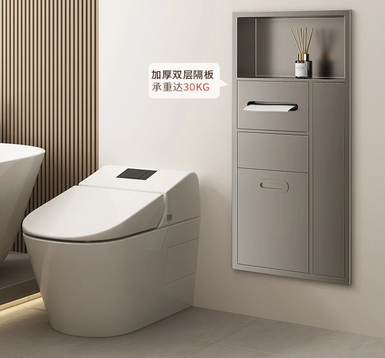 Built-in Bathroom Niche, Stainless Steel Storage Rack with Toilet Brush and Trash Can