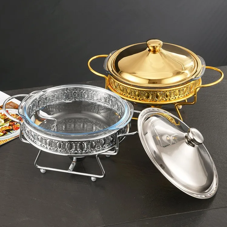 Deluxe Gold/Stainless Steel Color Hot Pot Buffet 2.0L Glass Buffet Hot Pot Food Heater