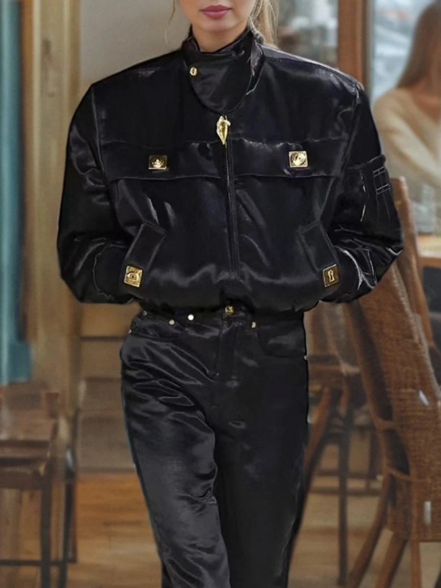 TWOTWINSTYLE Jednolite, łączone, cekinowe kurtki damskie z wysokim kołnierzem, długimi rękawami, patchworkowe kurtki na zamek błyskawiczny, nowe ubrania damskie