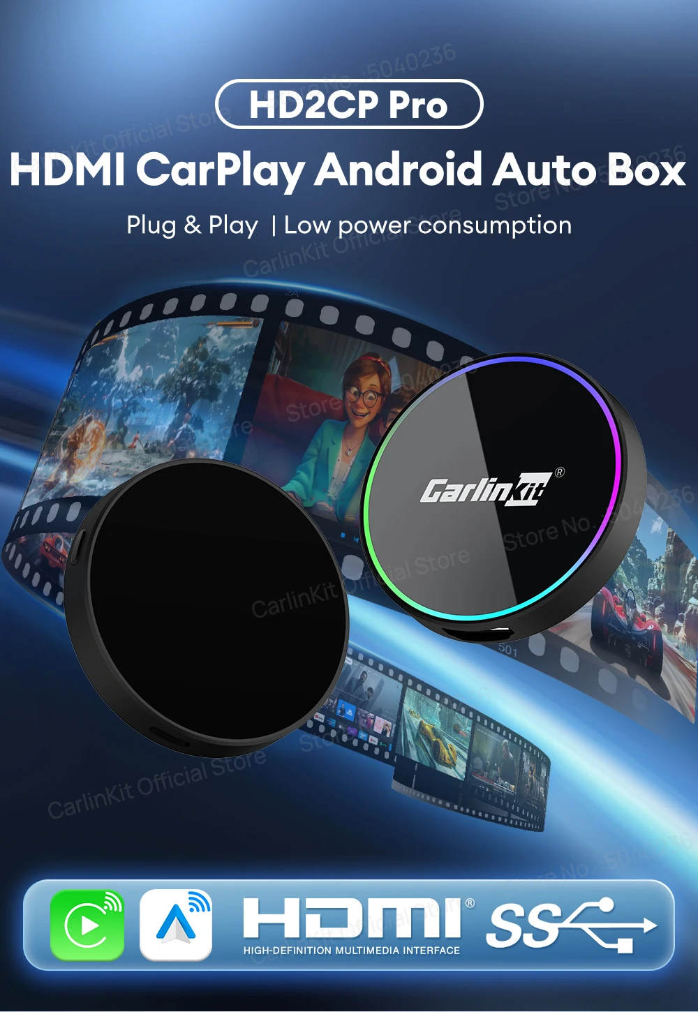 NEU CarlinKit HD2CP Pro CarPlay zu HDMI Wireless Android Auto CarPlay 3-in-1 Smart Car Box Plug and Play 2K Video Streaming Box – Detail 1