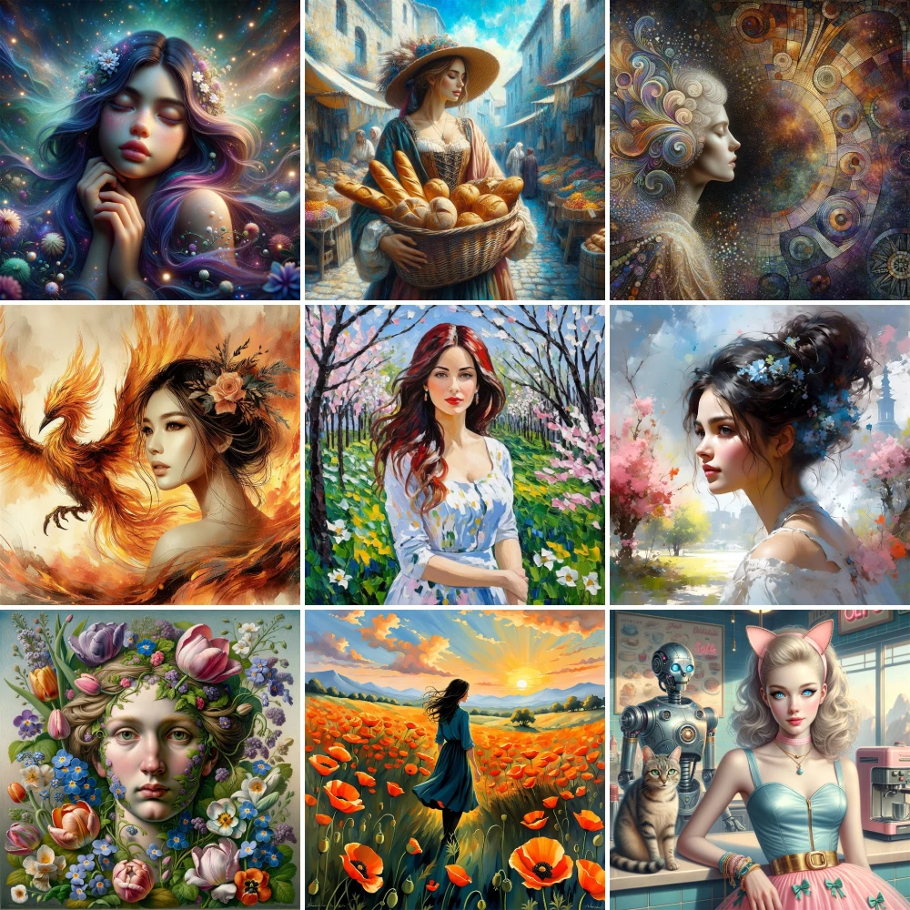 Portrait Girl Flowers Printed 11CT Cross Stitch DIY Embroidery Set Handicraft Sewing Hobby Handmade For Adults Needle Room Decor