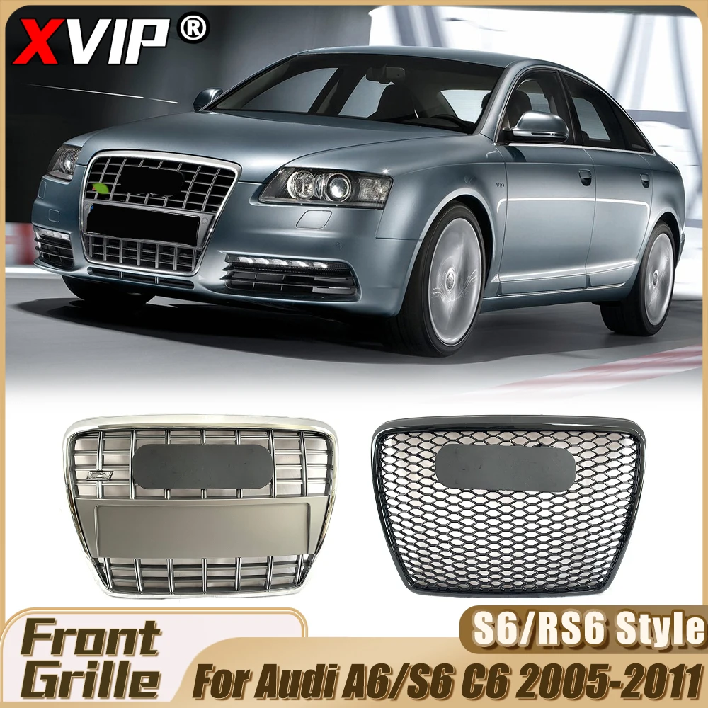 

XVIP Glossy Black RS6 Style Bumper Grille With Chrome Ring For Audi A6/S6 C6 05-11 Chrome Grey S6 Style Racing Grill Accessories