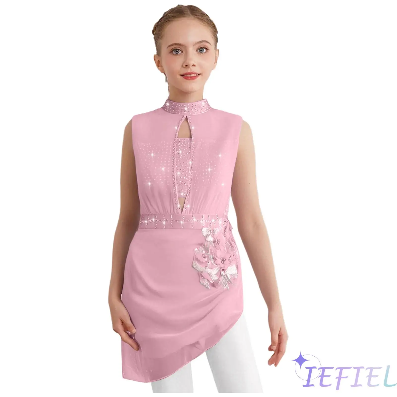 

Kids Girls Ice Skating Dance Outfit Sleeveless Backless Cutout Sheer Mesh Rhinestones Ballet Tutu Dress Ballet Latin Dancewear