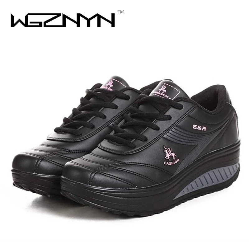 WGZNYN 2024 Slimming Swing Shoes Women Fashion Leather Casual Shoes Women Lady Spring Autumn Factory Top Quality heels