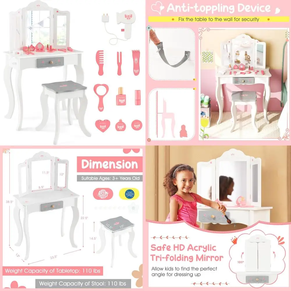 Children's 2-in-1 Princess Makeup Dressing Table and Chair Set with Detachable Tri-fold Mirror, Toddler Vanity Table with Drawer
