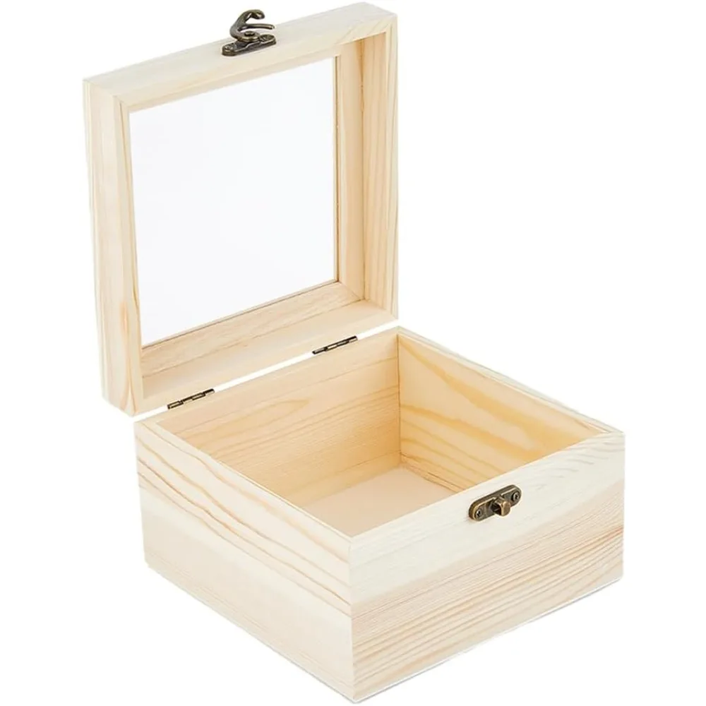 Holzkiste mit transparentem Deckel, quadratisch, unvollendet, kleine Geschenkboxen aus Holz, 15 x 15 x 9,5 cm, Holz-Bastelbox mit Fenster zur Schmuckaufbewahrung