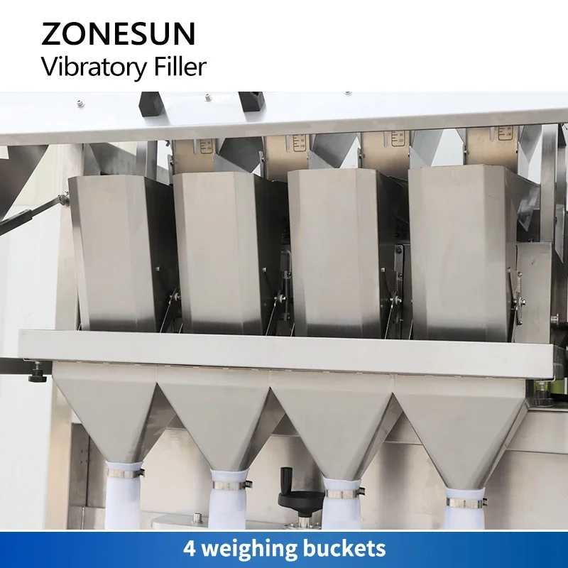 ZONESUN ZS-GW5 Automatic 4 Head Vibratory Filler Weighing Granule Packing Machine Nut Candy Chocolate Bean Bottling Line