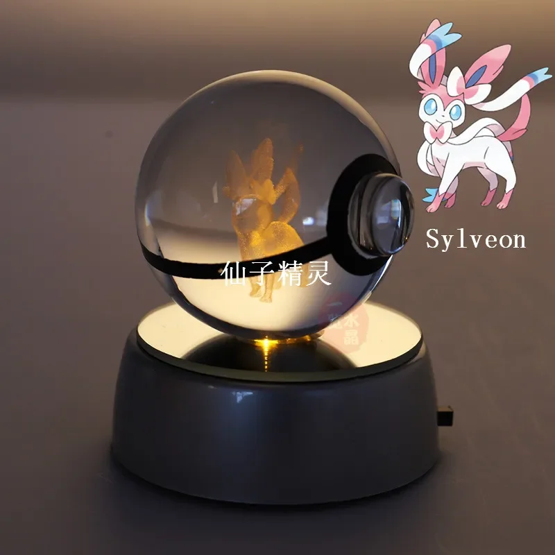 Anime Pokemon Sylveon 3D Crystal Ball Pokeball Anime Figures Engraving Crystal Model with LED Light Base Kids Toy ANIME GIFT