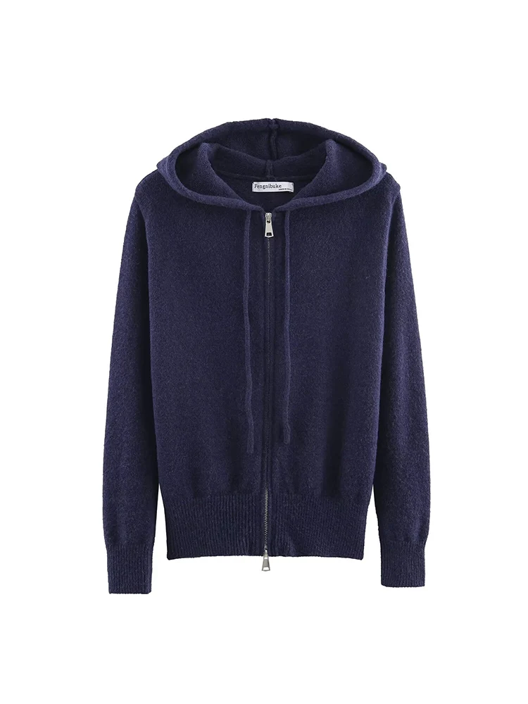European-style new women's fashionable and versatile hooded long-sleeved knit sweatshirt with zipper detail.