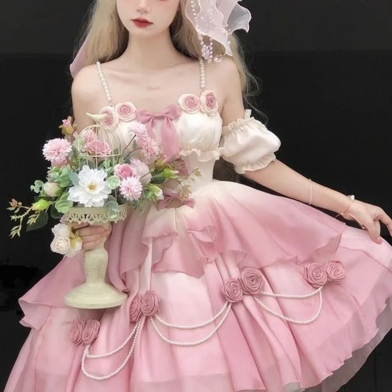 Vestidos de arco bolo vestido gótico japão kawaii y2k lolita azul branco preto renda escavada manga comprida vestido pulôver em camadas novo