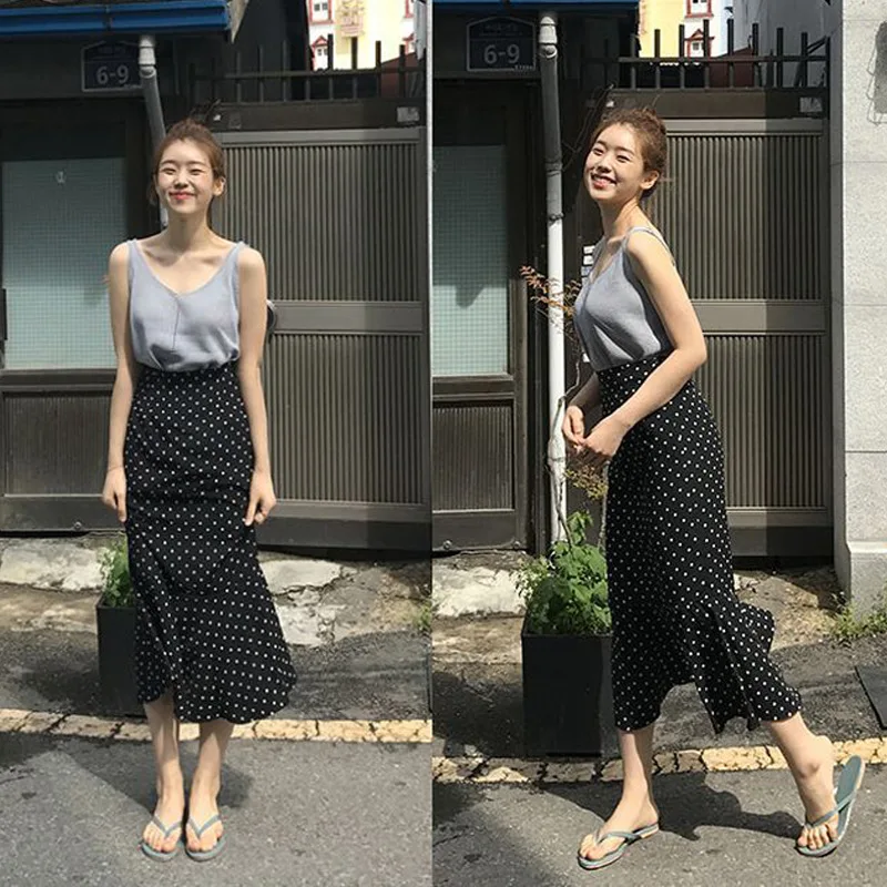 Vintage Mid-Length Black Polka Dot Fishtail Skirt Women's Summer Chiffon High Waist Long Skirt