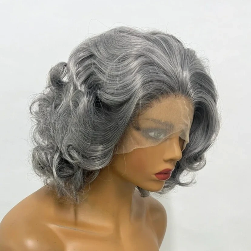 スチールグレーカールボブヘア合成レースフロントウィッグコスプレドラッグクイーンショートウィッグ