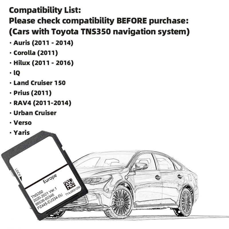 SD Card Sat Navi GPS for Toyota Auris Corolla RAV4 Yaris with TNS350 2021 Ver.1 Update EU Map Software SD Card PZ445-EU334-0U