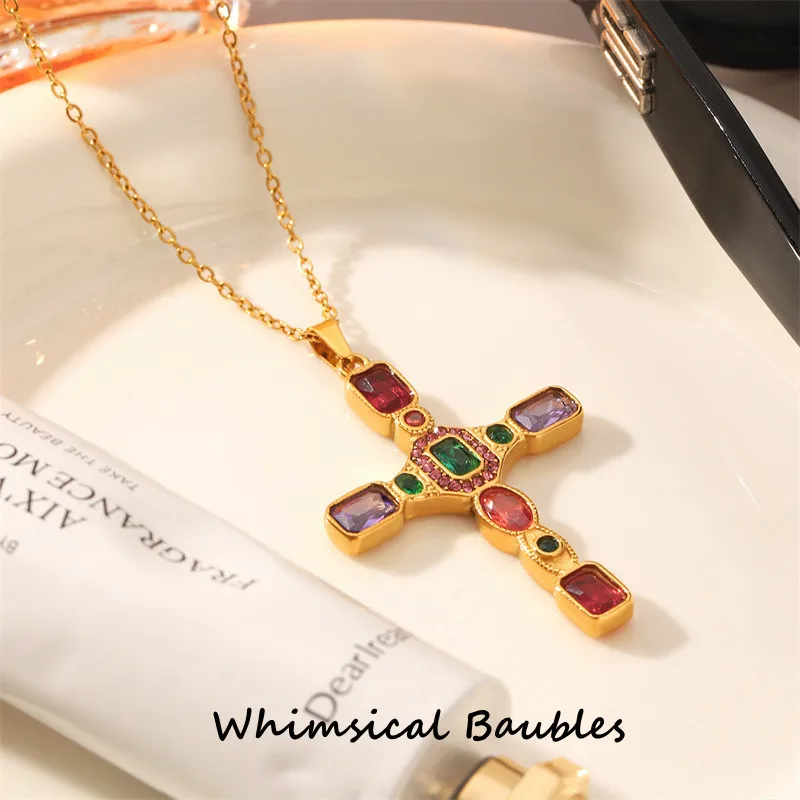 

Colorful Zircon Cross Pendant Necklace Women Jewelry 18k Gold Plated Necklace Stainless Steel Jewelry Wholesale