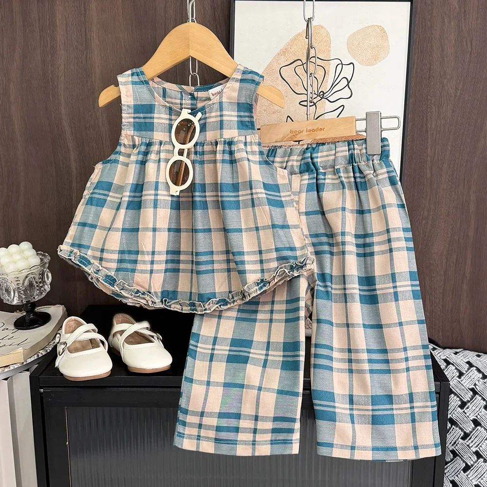 بدلة صيفية جديدة منقوشة بدون أكمام من الدانتيل + بنطال ذو قصة أرجل واسعة طقم مكون من قطعتين للفتيات من سن 2 إلى 7 سنوات للارتداء اليومي في الهواء الطلق #1