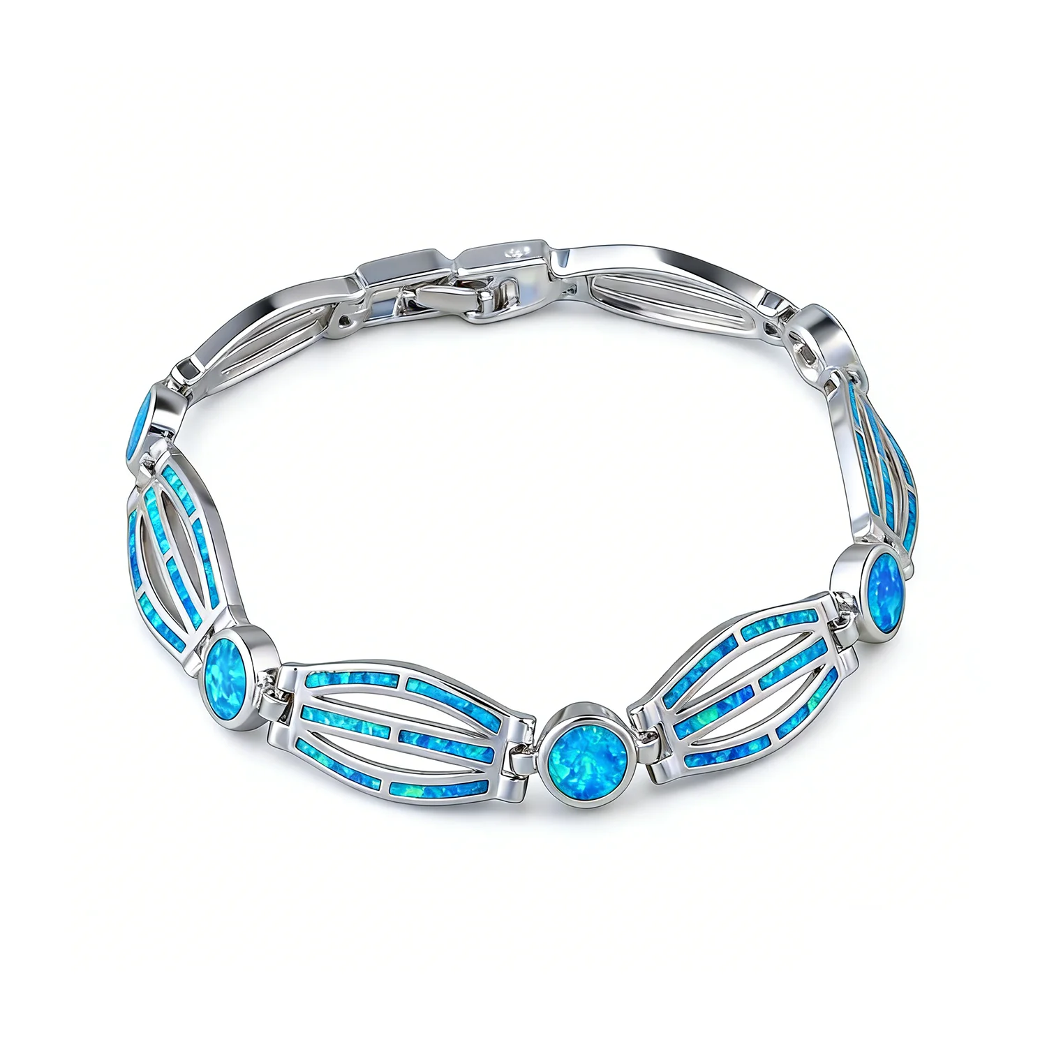 Blue Opal Art Deco Link Bracelet for Women, Geometric Inlaid Opal Statement Bracelet, Minimalist Ocean Inspired Jewelry Gift
