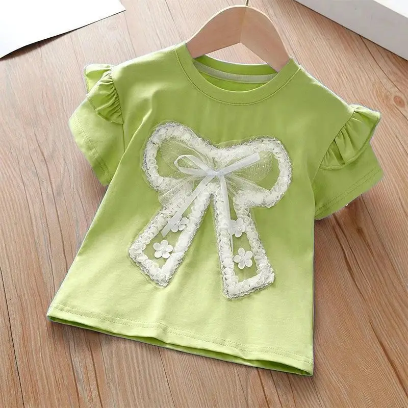 Children's T-Shirts Lace Bow Lace Short Sleeve Top T Shirt for Kids Girl 2 To 7 Years Kids Clothes for Girls T-shirt