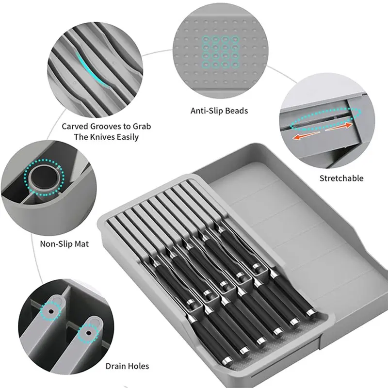 A84E-Expandable Organizer Drawer With Block Holder Storage Tray For Kitchen Countertop Retractable Systems