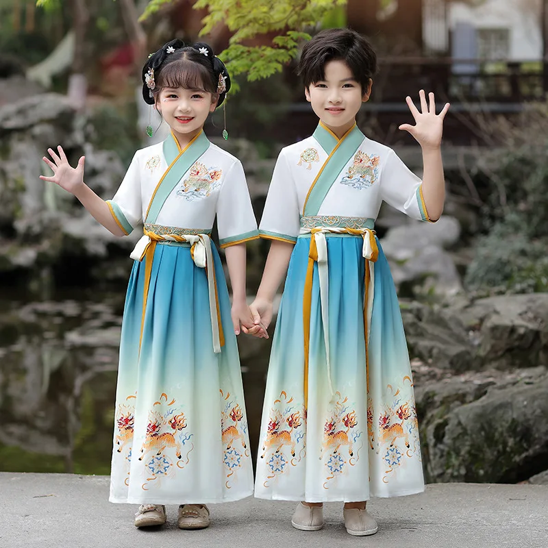 Summer Adult Ancient Costumes Cosplay Boy Hanfu Short Sleeve Children's Clothing Vestidos Girls Dress Show Hanfu Women Outfit