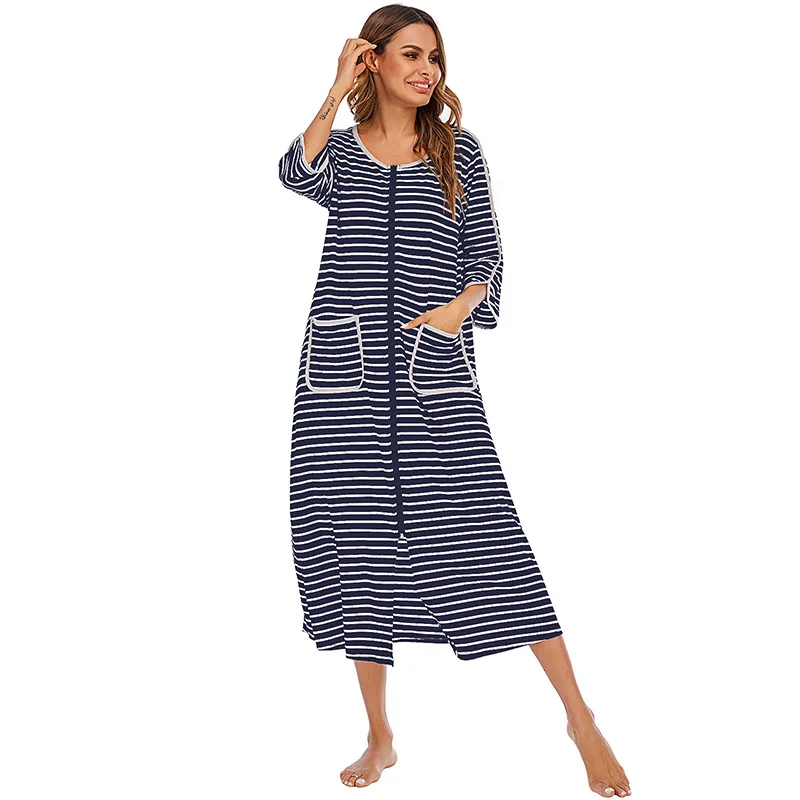 Women Long Sleepwear Soft Zipper Front Robes Autumn Nightgown Warm Striped Kimono Loungewear Maternity Bathrobe Pajamas