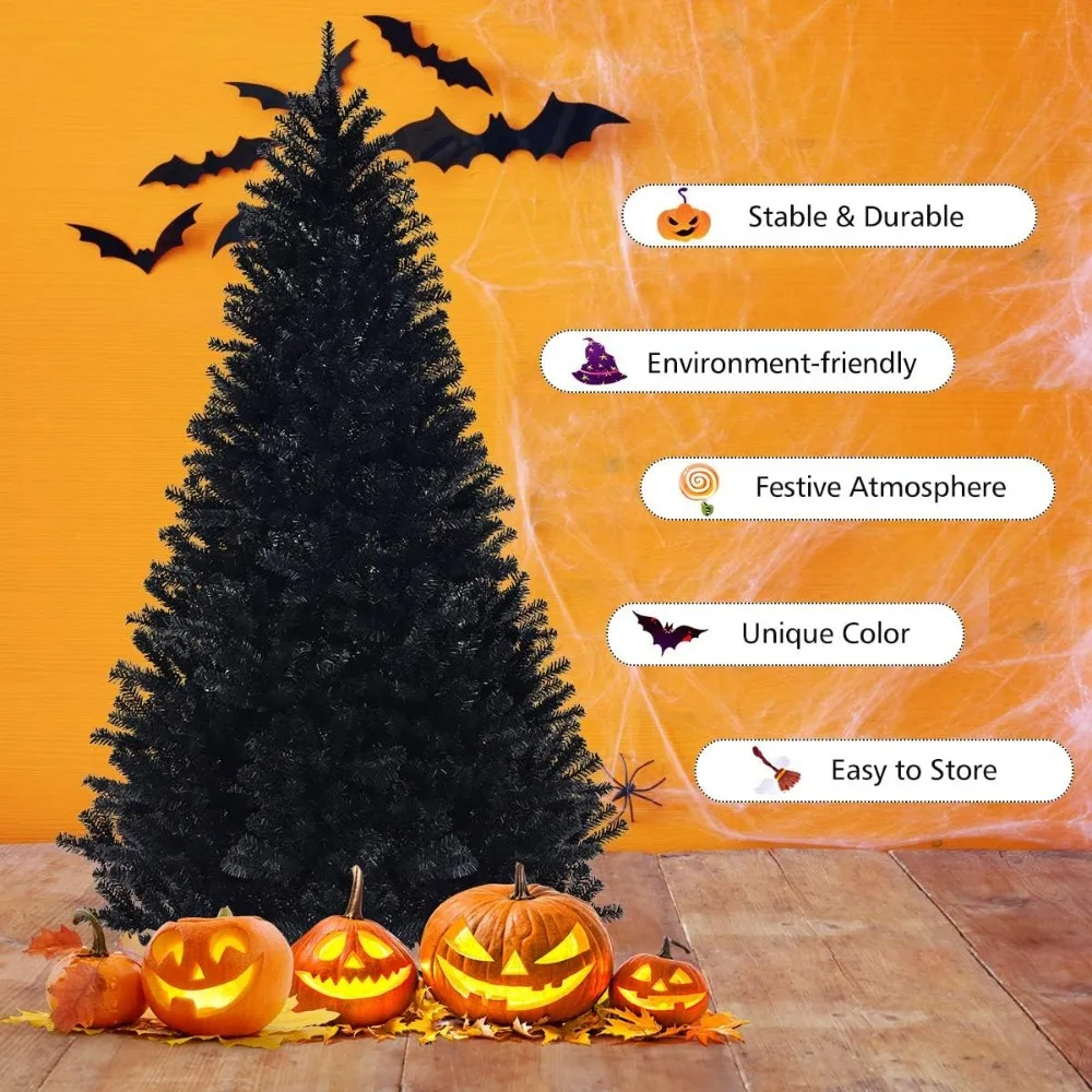 7.5FT Black Christmas Tree with Sturdy Metal Stand Unlit Halloween Tree with 1258 Branch Tips PVC Needles