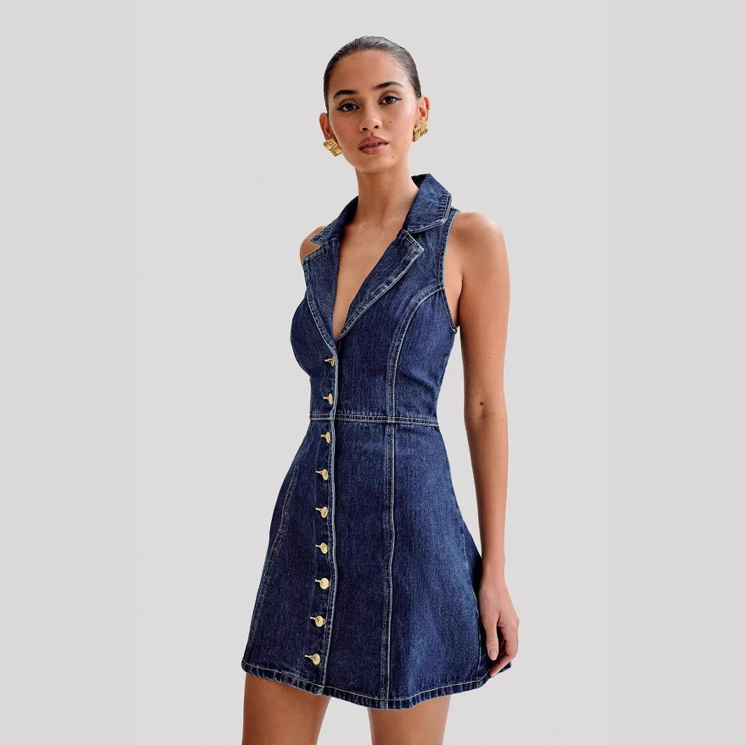 Vestido vaquero tipo peto para mujer, de verano, con cuello halter, escote bajo, solapa, abotonado, estilo casual chic, falda corta