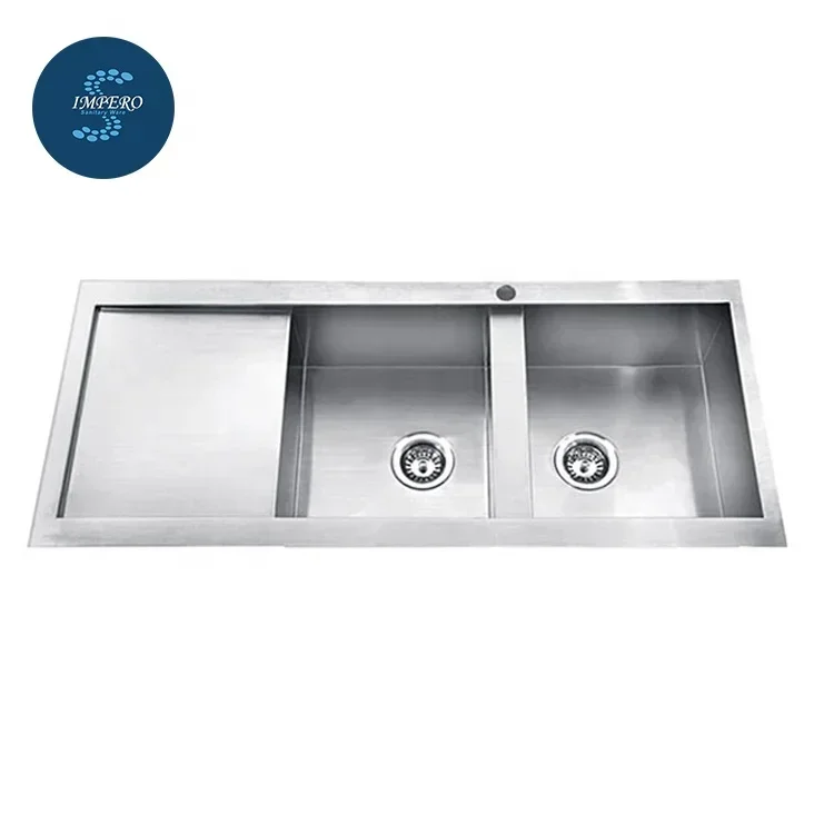 Australia professional countertop double bowl one piece hand-made kitchen sink with waste drain