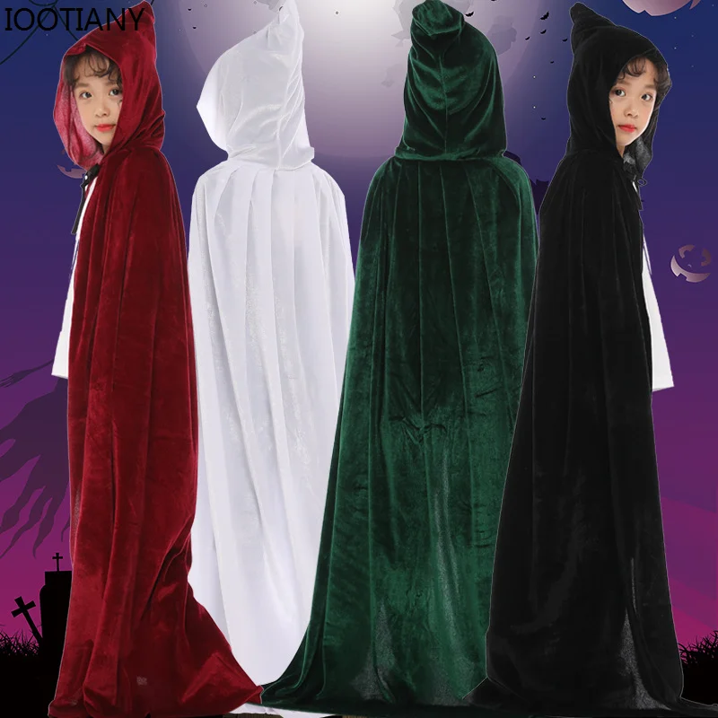 

New Halloween Kids Adult Witch Death Cosplay Cloak Hooded Costumes Medieval Cloak Carnival Party Velvet Show Costume Long Cloaks