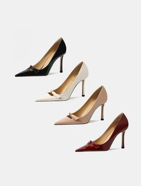 New bow bow shallow mouth pointed thin heel 12cm high heel nude color fashionable versatile commuting single shoe
