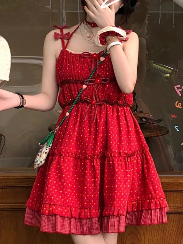 Summer Red Japanese Kawaii Mini Dress Women Bow Blue Lolita Sweet Strap Dress Female Beach Korean Casual Fairy Dress 2023 New