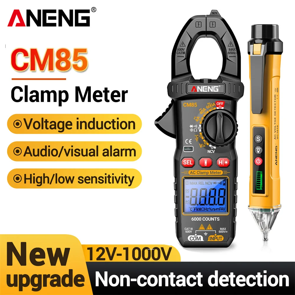 

Индукционный токоизмерительный мультиметр ANEGN CM85 + индукционный тестер VD802, бесконтактный, 600А переменного тока, профессиональный набор для электриков