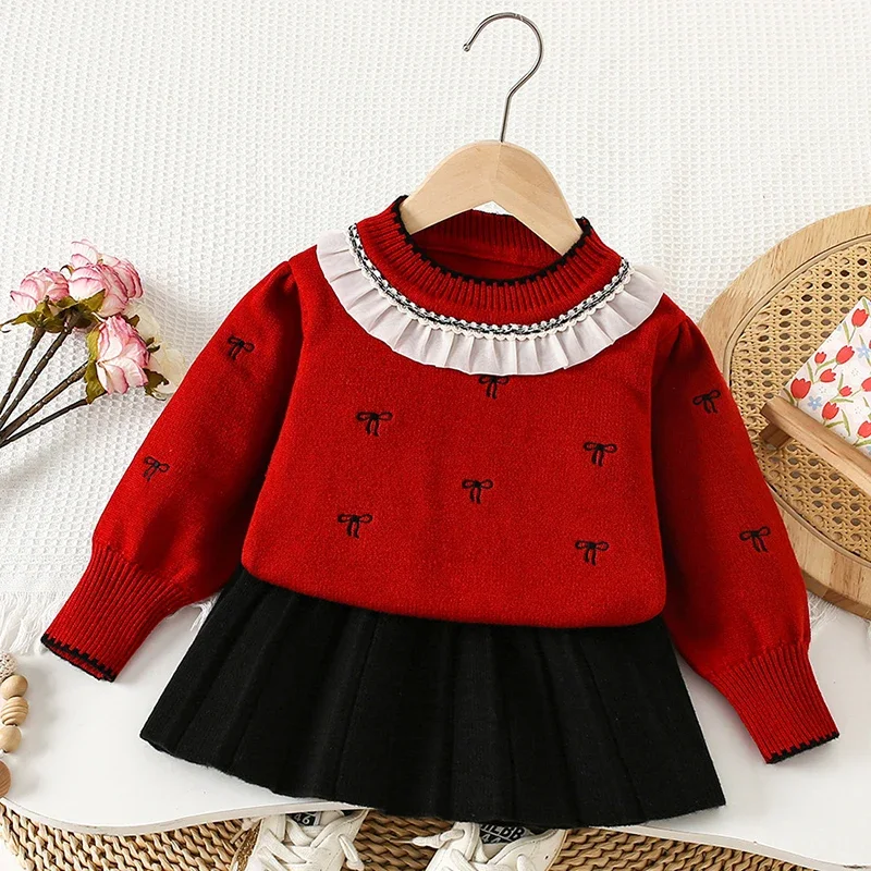 2025 New Autumn Kids Knitted Clothing Suit 2-6Yrs Baby Girls Clothing Set Long Sleeved Knitted Pullover Sweater+Short Skirt