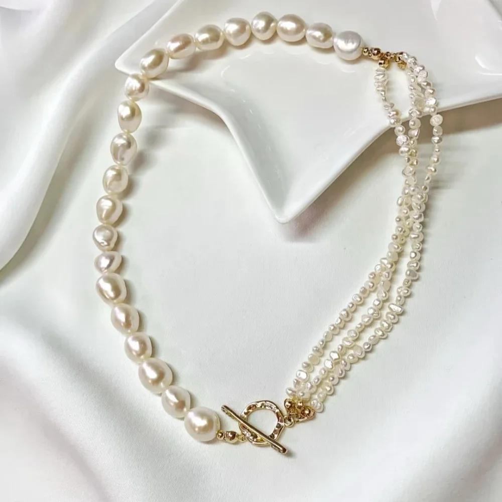 

YWYC 4-5mm & 9-10mm Baroque Freshwater Pearl Necklaces for Women Copper OT Buckle 40cm Length Pearl Necklaces Jewelry Gift