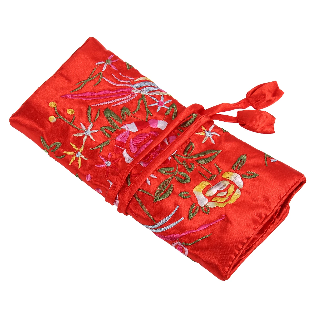 

Embroidered Jewelry Roll Bag Red Satin Silk Organizer Travel Jewelry Storage Traditional Flower Embroidery