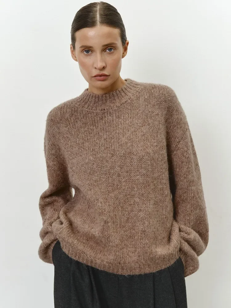 

Мягкий восковой однотонный серый теплый пуловер, женский свитер на осень-зиму 2025 года, свободный утолщенный вязаный свитер из овечьей шерсти с круглым вырезом