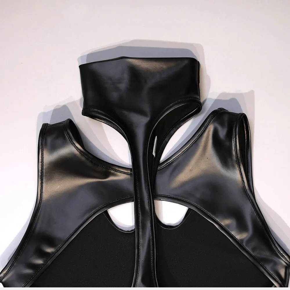 Sexy Latex PU Faux Leder Aushöhlen T-shirt Öl Glänzende Engen Tops Bandage Offene Büste Elasitc Erotische Trikot Punk Dance tragen