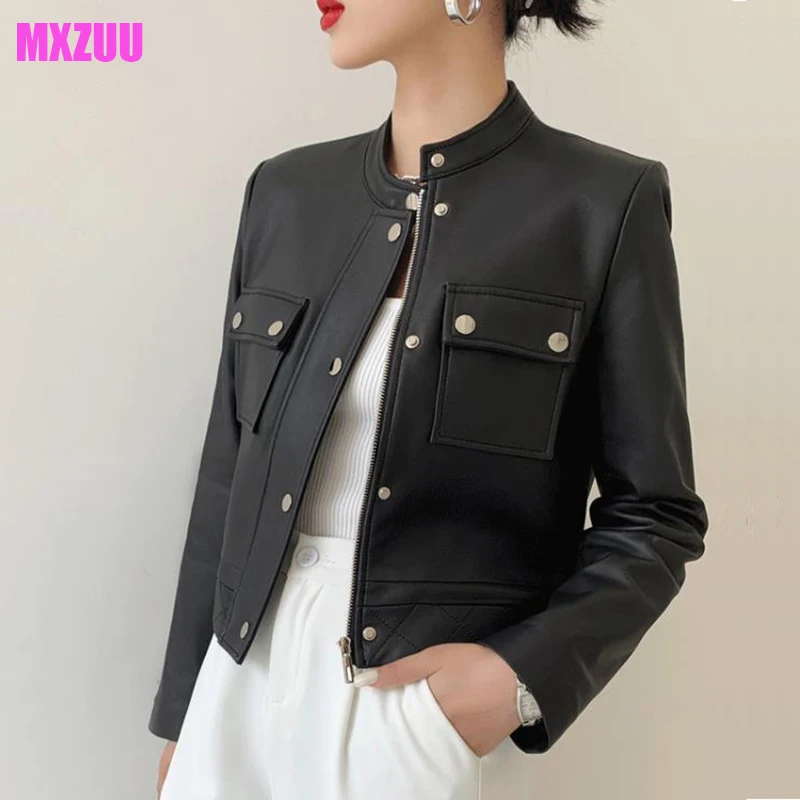 Women's Moto Biker Zipper Jacket Spring New Genuine Sheepskin Stand-up Collar Vintage Slim Black Short Coats Blouson Cuir Femme