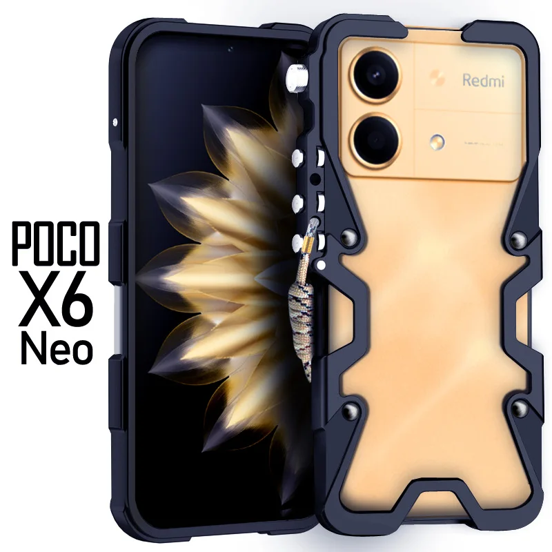 Luxury Armor Metal Aluminum Phone Cases Bumper For Poco F5 X6 X5 M6 Pro Neo Cover Mechanical Purely Handmade Skull Case