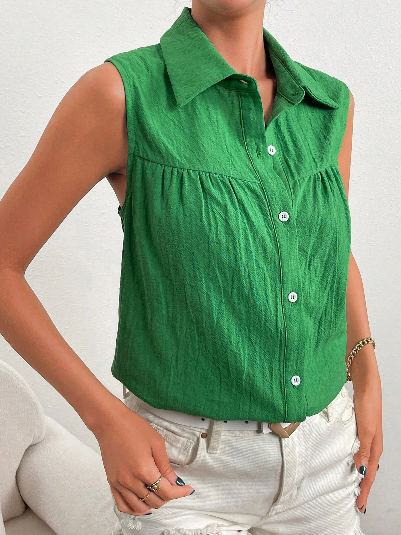 Nuova camicia estiva da donna senza maniche, top con risvolto ampio ed elegante, camicia base casual