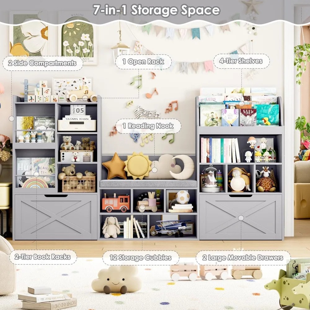 Grande organizador de armazenamento de brinquedos com ângulo de leitura e almofada de assento para crianças, estante de 75 polegadas de largura com 2 gavetas móveis