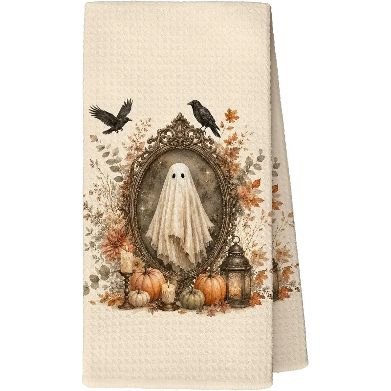 1-Pack, Fall Halloween Pumpkin and Bird Pattern Dish Towel - Vintage Weird Style Applicable, Farmhouse Style Hand Towel