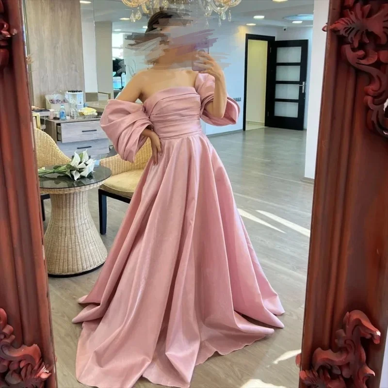 

Pink Ball Dress Off the Shoulder Fluffy Sleeves Evening Dress Women's Wedding Formal Occasion Dress Robe 2024