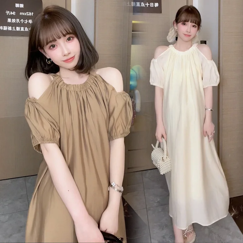 Pregnant Women's Summer off-the-Shoulder Long Dress 2023 New Short Sleeve Cotton Blend Apricot Maternity Dresses