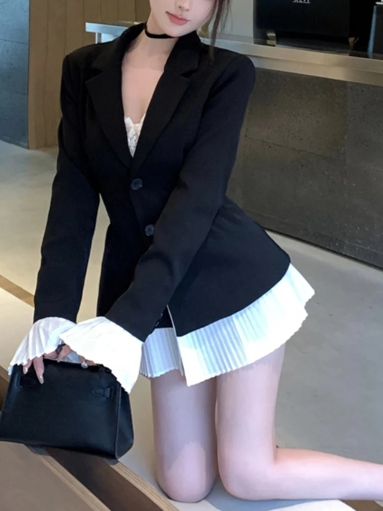 Spring Women Fashion Pleated Patchwork Black Blazer Long Sleeve Elegant Chic Solid Party Jackets Female Vintage Slim Coat Cloths