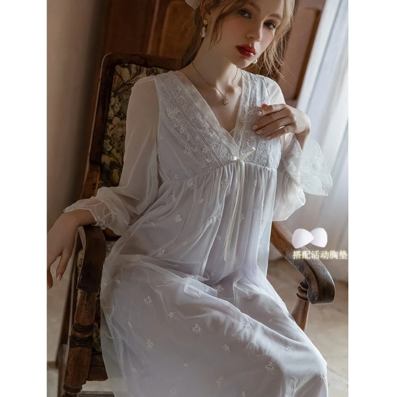 Nightgowns Women Lace Mesh Sleepwear Sexy French Lovely Fairy Retro Silky Sweet Night Dress Leisure Sleepwear Pajamas Plus Size