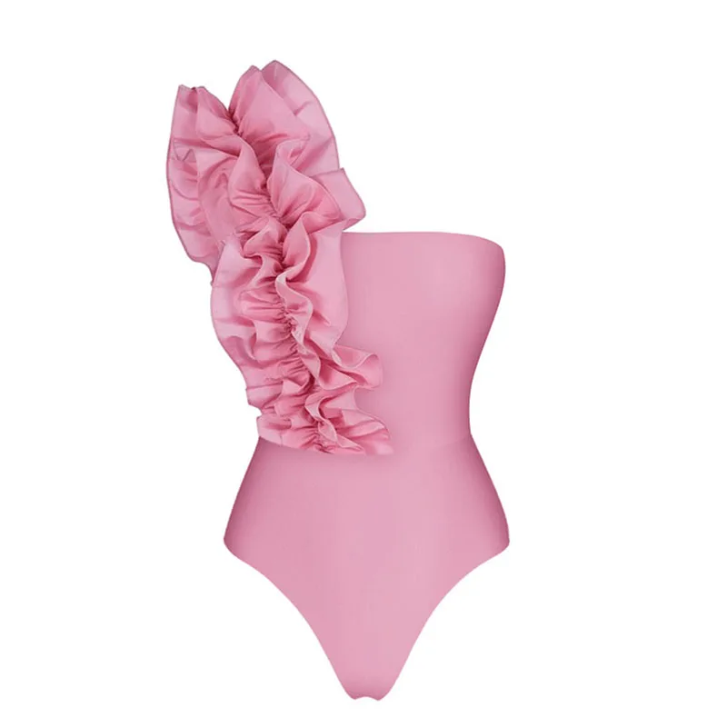 Maillot de bain une pièce rose pour femmes, asymétrique épaule dénudée, à volants, couleur unie, ensemble pour les vacances à la plage, vêtements de Style