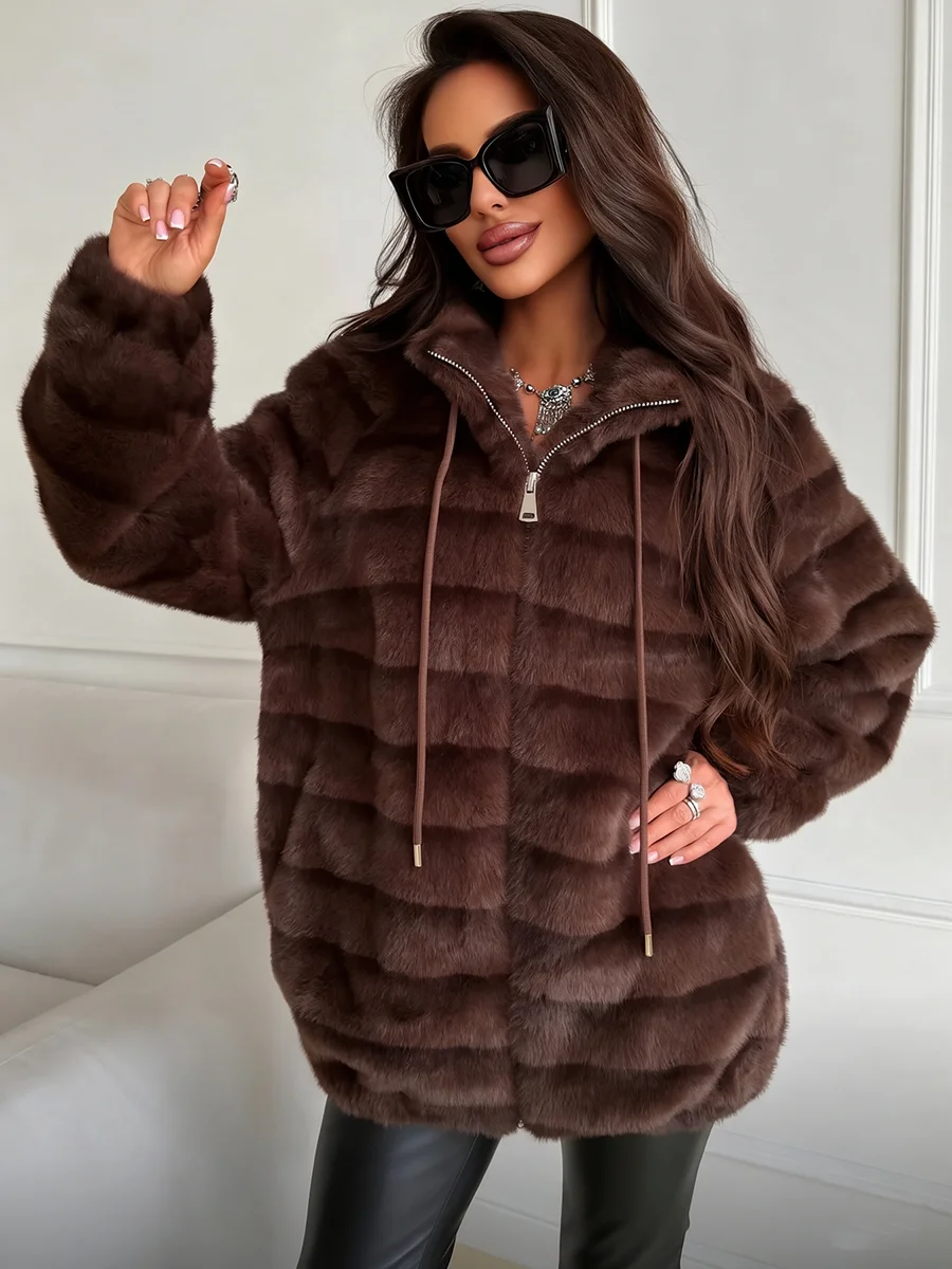 Women's Hooded Fluffy Faux Fur Coat Zip Up Drawstring Shaggy Thick Warm Winter Elegant Luxe Chic Outerwear