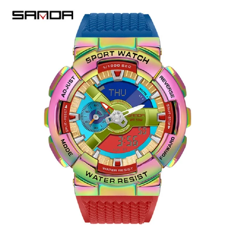 SANDA 9004 style hand lift lamp function creative personality men's double display synchronous movement electronic watch